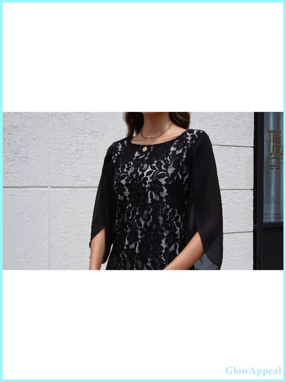 Lace Sequin Formal Wedding Guest Cocktail Dress Slit Sleeve - Picture 6 of 6